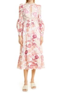 Denissa Floral Long Sleeve Linen Midi Dressp