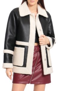 Faux Leather Snap Coat with Faux Shearling Trim