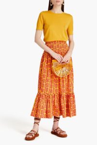 Artie shirred printed cotton-poplin midi skirt