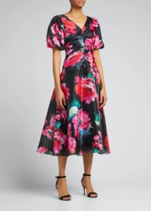 Floral-Print Organza Puff-Sleeve Dress