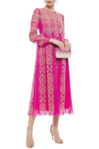 Gathered embroidered point d'esprit midi dress