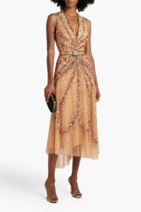 Belted sequined tulle midi dress
