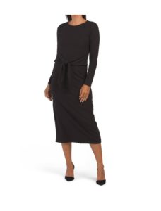 Tie Waist Long Sleeve Stretch Knit Dress