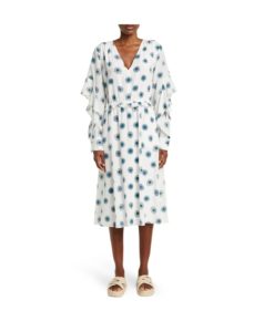 Long Sleeve V-Neck Flutter Sleeve Dress