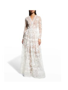 Poppy Long-Sleeve Embroidered Mesh Gown
