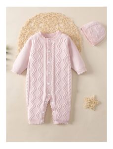 Baby Single Breasted Chevron Knit Jumpsuit With Hat