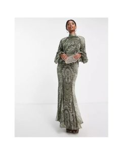 lace trim maxi dress with belt in mixed paisleyp
