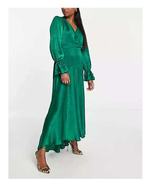 Flounce London Petite long sleeve midi dress in emerald satin