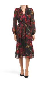 Floral Midi Dress With Tie Belt