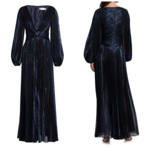 Metallic Pleated V Neck Gown