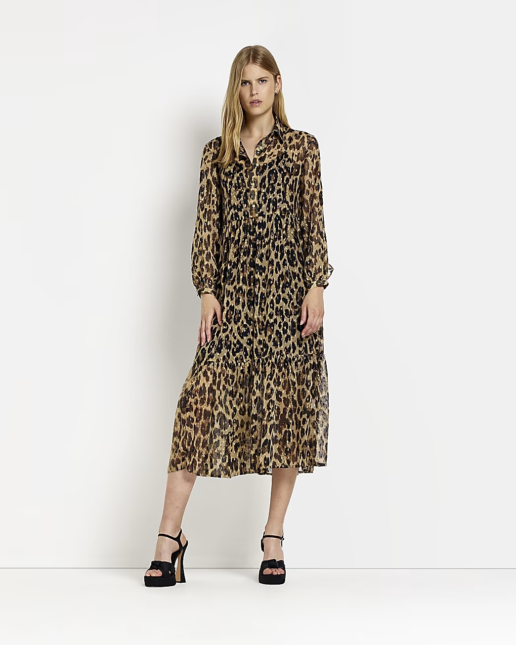 BROWN CHIFFON ANIMAL PRINT MAXI SHIRT DRESS Dealperx
