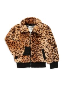 Girl's Cheetah Pattern Faux Fur Bomber Jacket