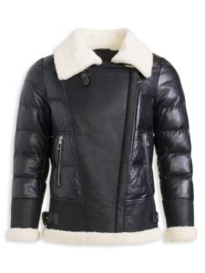Shearling Trim Leather Down Puffer Jacket