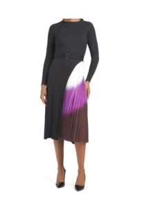 Belted Sweater Dress with Pleated Ombre Skirt