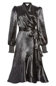 Long Sleeve Hammered Satin Wrap Dress