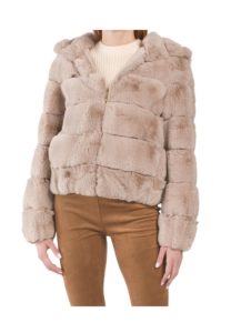 Hooded Grooved Faux Fur Bomber Jacket