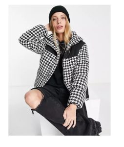Belted Padded Jacket in Black and White Houndstooth