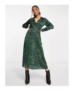 Wrap Detail Midi Satin Dress in Green Abstract Animal Print
