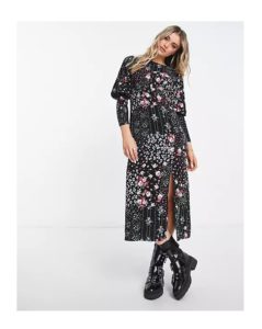 Shirred Sleeve Midi Tea Dress in Patchwork Floral