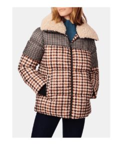 Houndstooth Shearling Puffer Jacket