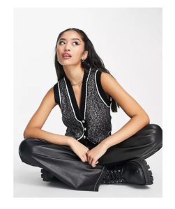 Knit Pearl Button Front Vest in Black Glitter