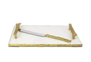 White Marble Challah Tray with Crumbled Handles and Knife