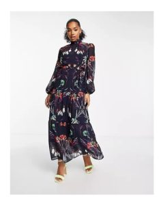 Long Sleeve Tie Waist Maxi Dress in Navy Floral