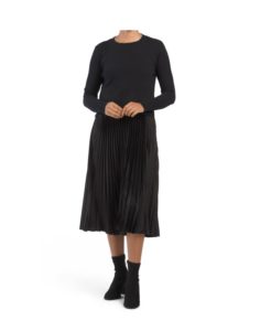 Twofer Sweater Dress with Pleated Satin Skirt