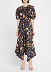 Heleen Puff-sleeve Long Printed Silk Dress