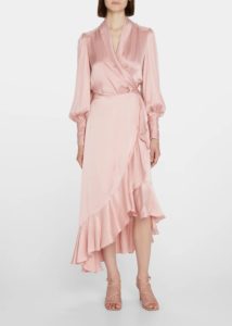 Blouson-sleeve Silk Wrap Midi Dress