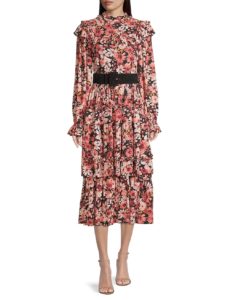 Belted Tiered Floral Midi-dress