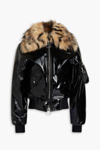 Faux Fur-trimmed Vinyl Bomber Jacket