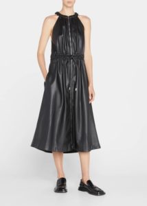 Faux Leather Zip Front Midi Dress with Drawstring Waist