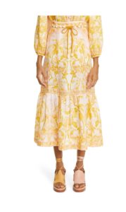 Palm Print Tiered Linen Midi Skirt