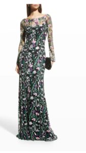 Floral Embroidered Tulle Long-sleeve Column Gown