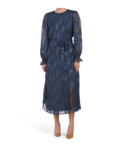 Smocked Sleeve Lurex Embroidered Midi Dress with Front Slit