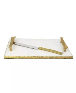 White Marble Challah Tray with Crumbled Handles and Knife