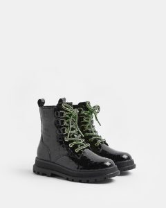 Girls Black Lace Up Croc Patent Boots