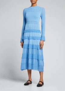 Pointelle Knit Tiered-ruffle Midi Dress