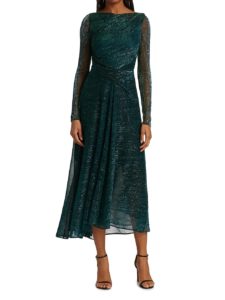 Asymmetric Metallic Long-sleeve Midi-dress