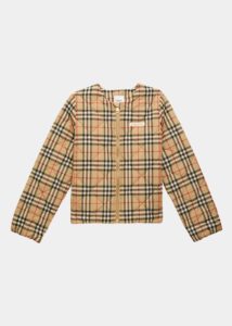 Girl's Abigail Quilted Check-print Cropped Jacket, Size 3-14