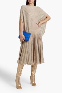 Draped Pleated Metallic Crochet-knit Midi Dress