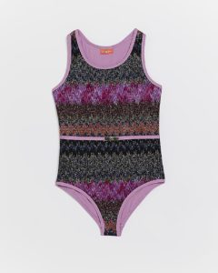 Girls Pink Glitter Belted Jacquard Swimsuit