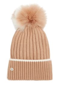 Ribbed Beanie with Feather Pom