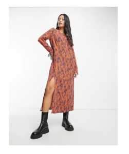 Printed Midi Dress in Orange and Black