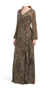 Long Sleeve V-neck Leopard Print Gown