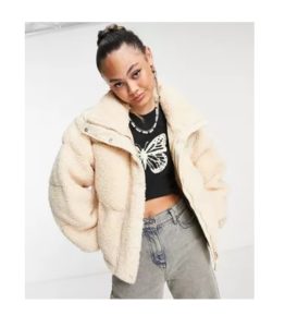 Oversized Boxy Crop Puffer Jacket in Cream Sherpa with Contrast Collar