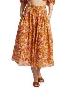 Violet Floral Cotton Godet-pleated Midi-skirt