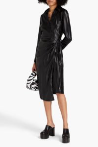Draped Pleated Faux Leather Wrap Dress