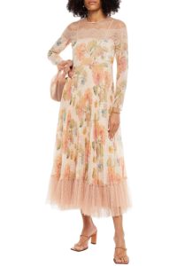 Pleated Floral-print Georgette, Lace and Point D'esprit Midi Dress
